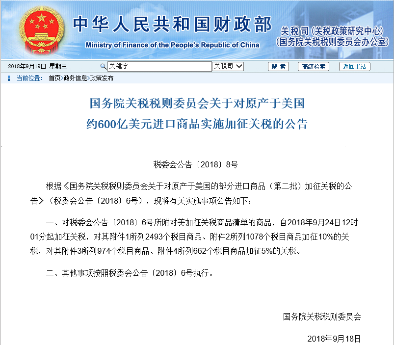 关于对原产于美国的部分商品加征关税的公告